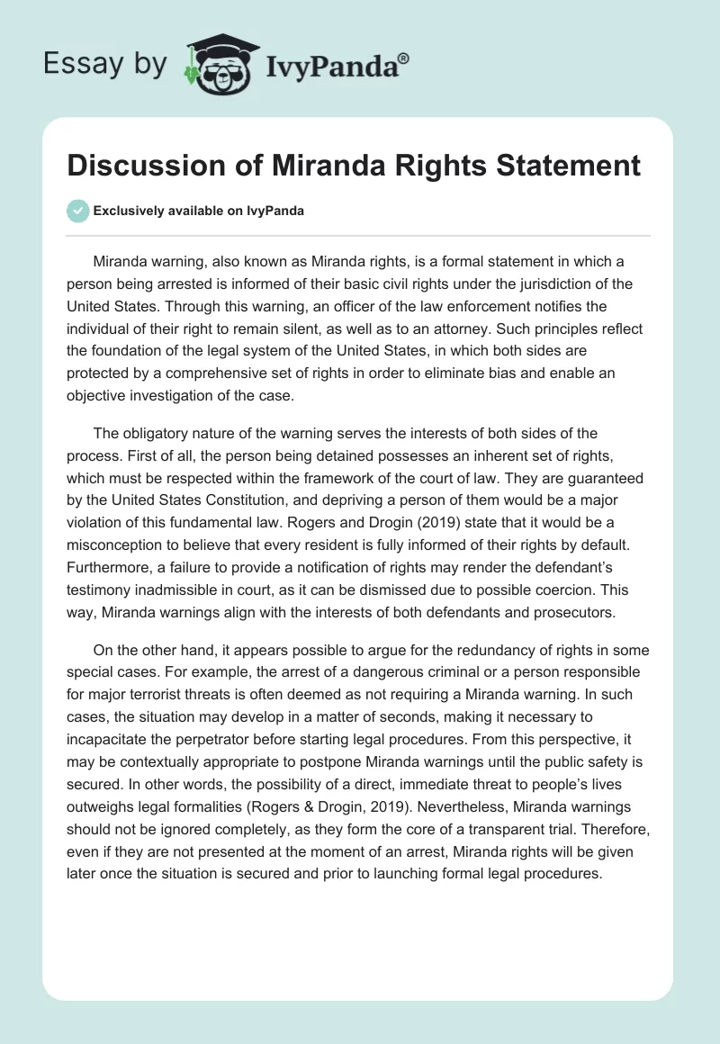 Discussion of Miranda Rights Statement. Page 1