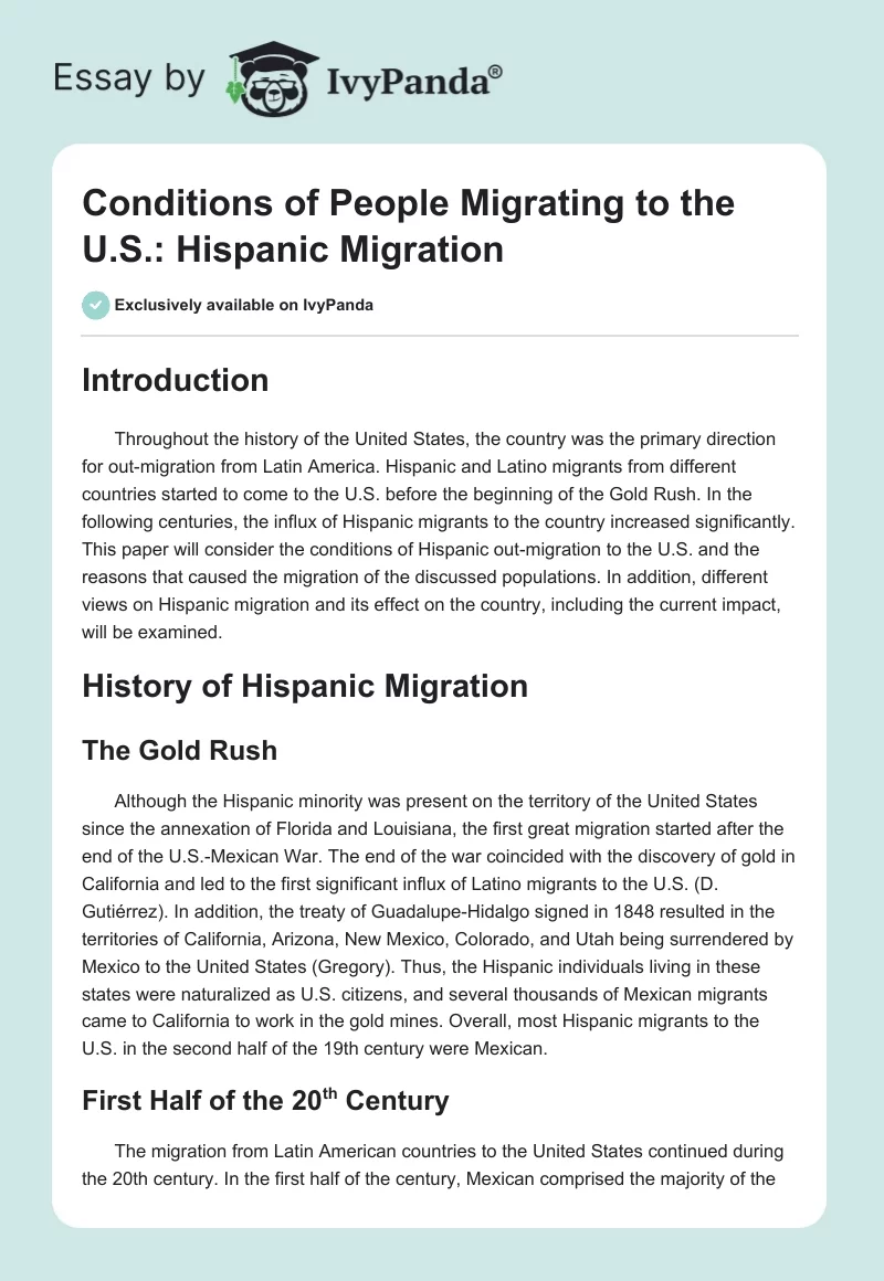 Conditions of People Migrating to the U.S.: Hispanic Migration. Page 1