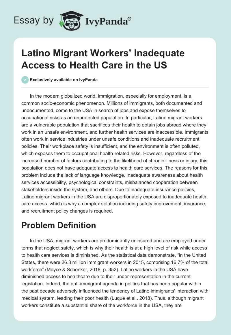 Latino Migrant Workers’ Inadequate Access to Health Care in the US. Page 1