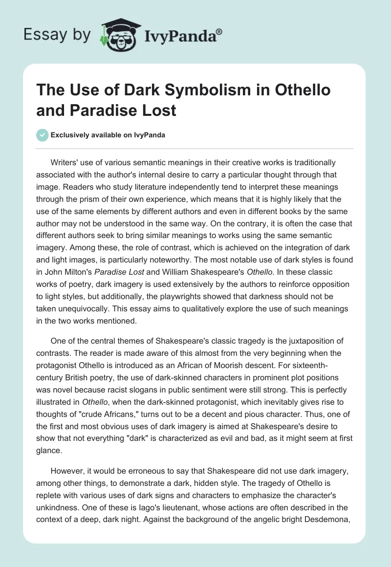 The Use of Dark Symbolism in "Othello" and "Paradise Lost". Page 1