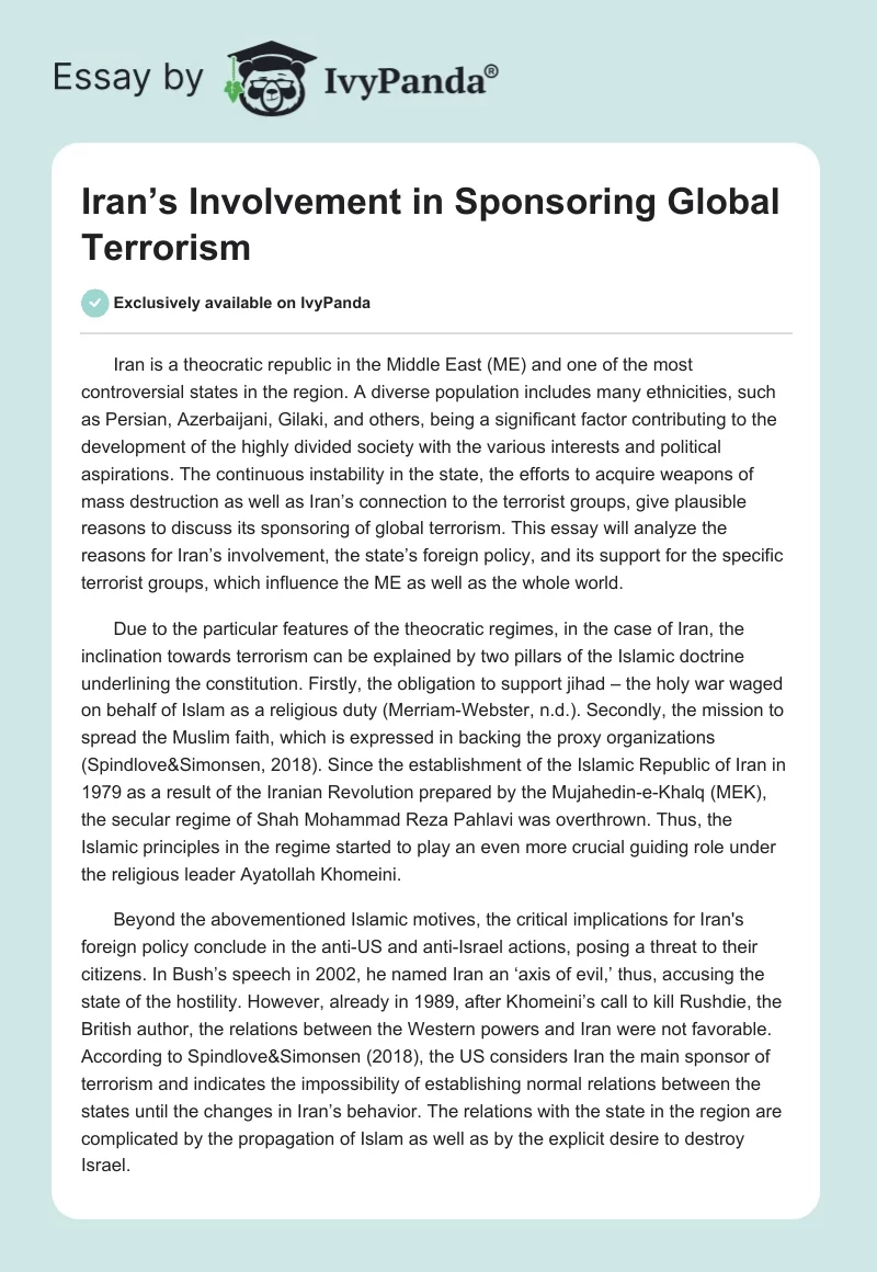 Iran’s Involvement in Sponsoring Global Terrorism. Page 1