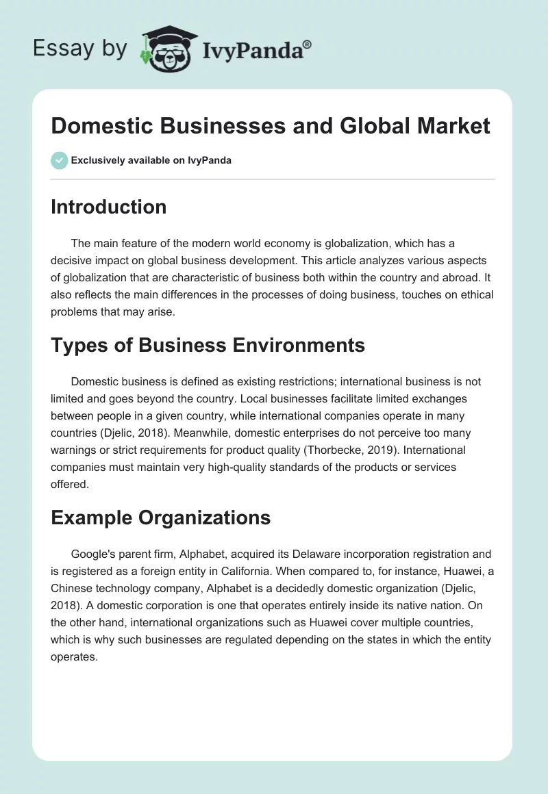 Domestic Businesses and Global Market. Page 1