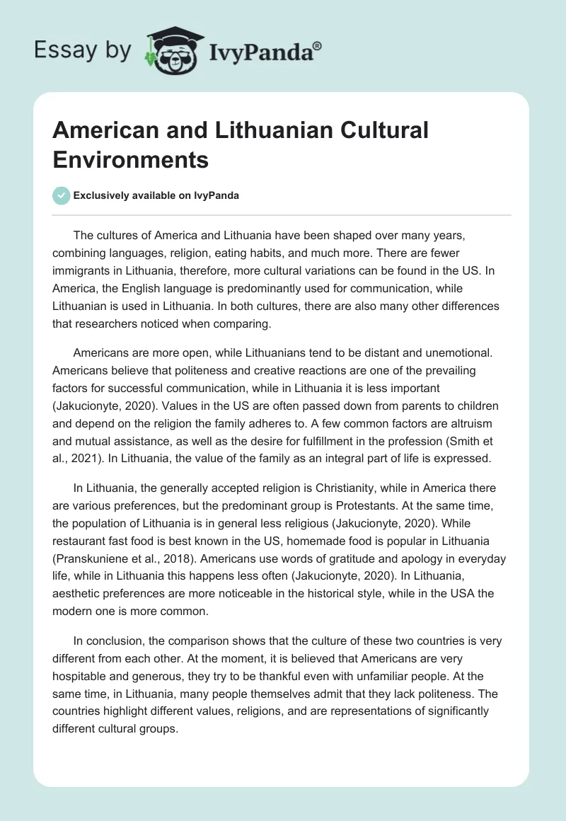 American and Lithuanian Cultural Environments. Page 1