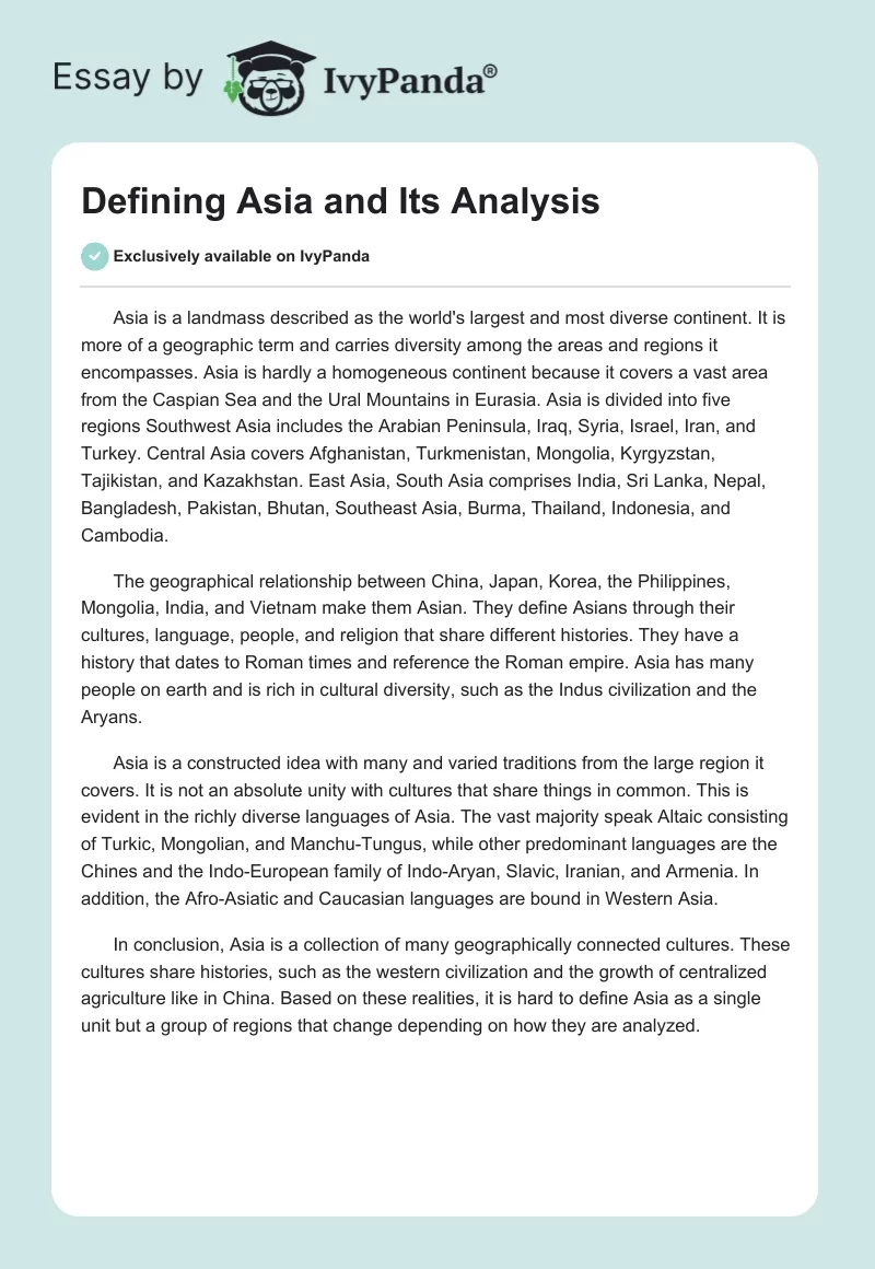 Defining Asia and Its Analysis. Page 1