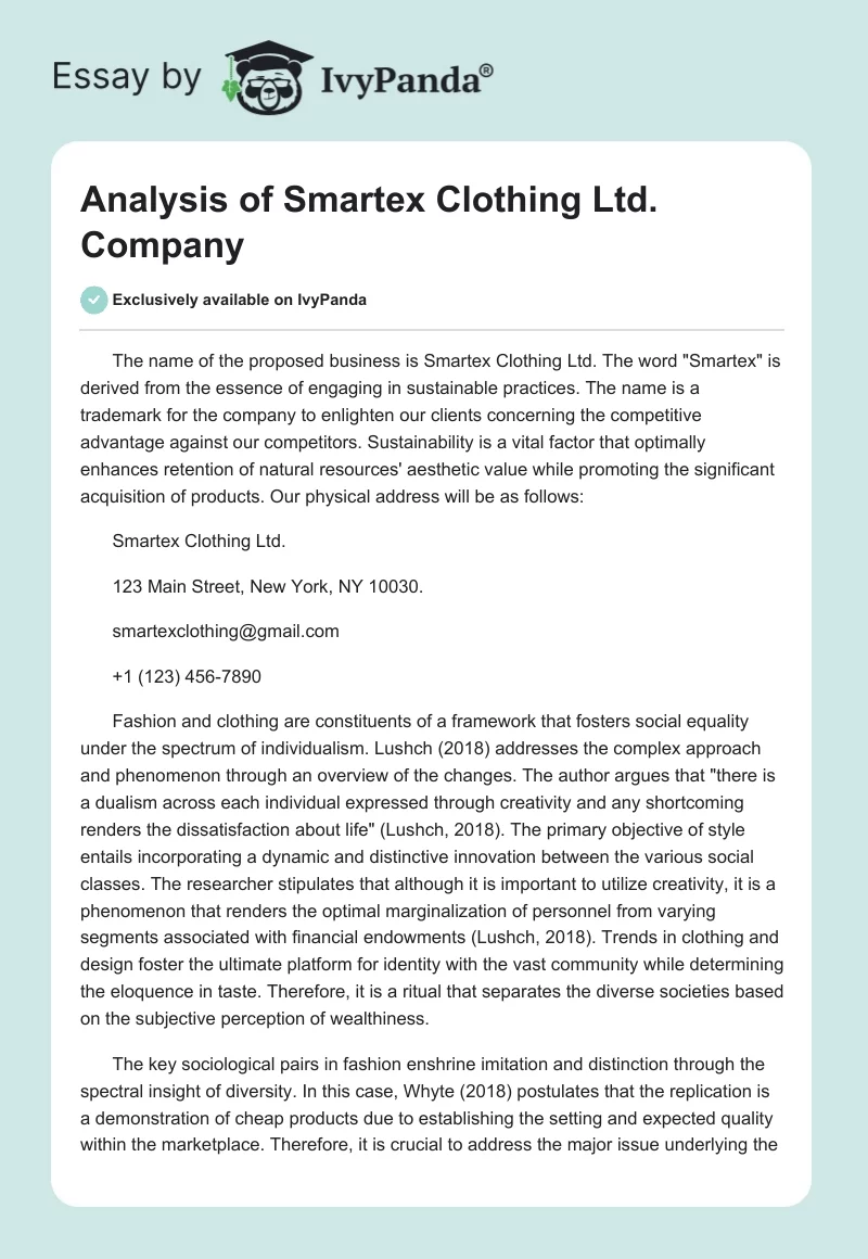 Analysis of Smartex Clothing Ltd. Company. Page 1