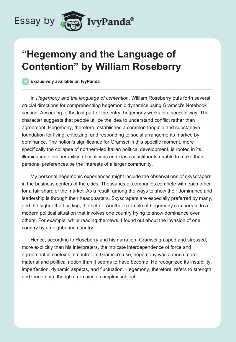“Hegemony and the Language of Contention” by William Roseberry. Page 1