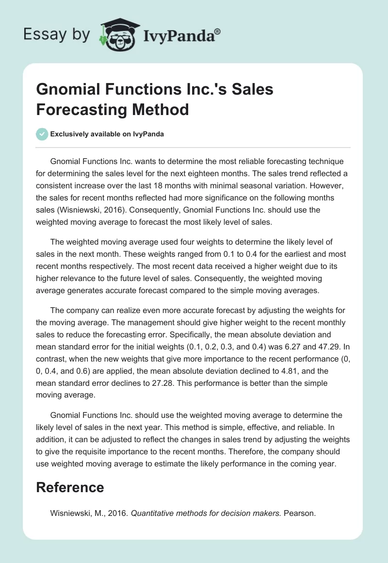Gnomial Functions Inc.'s Sales Forecasting Method. Page 1