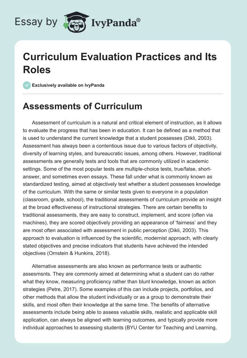 Curriculum Evaluation Practices and Its Roles. Page 1