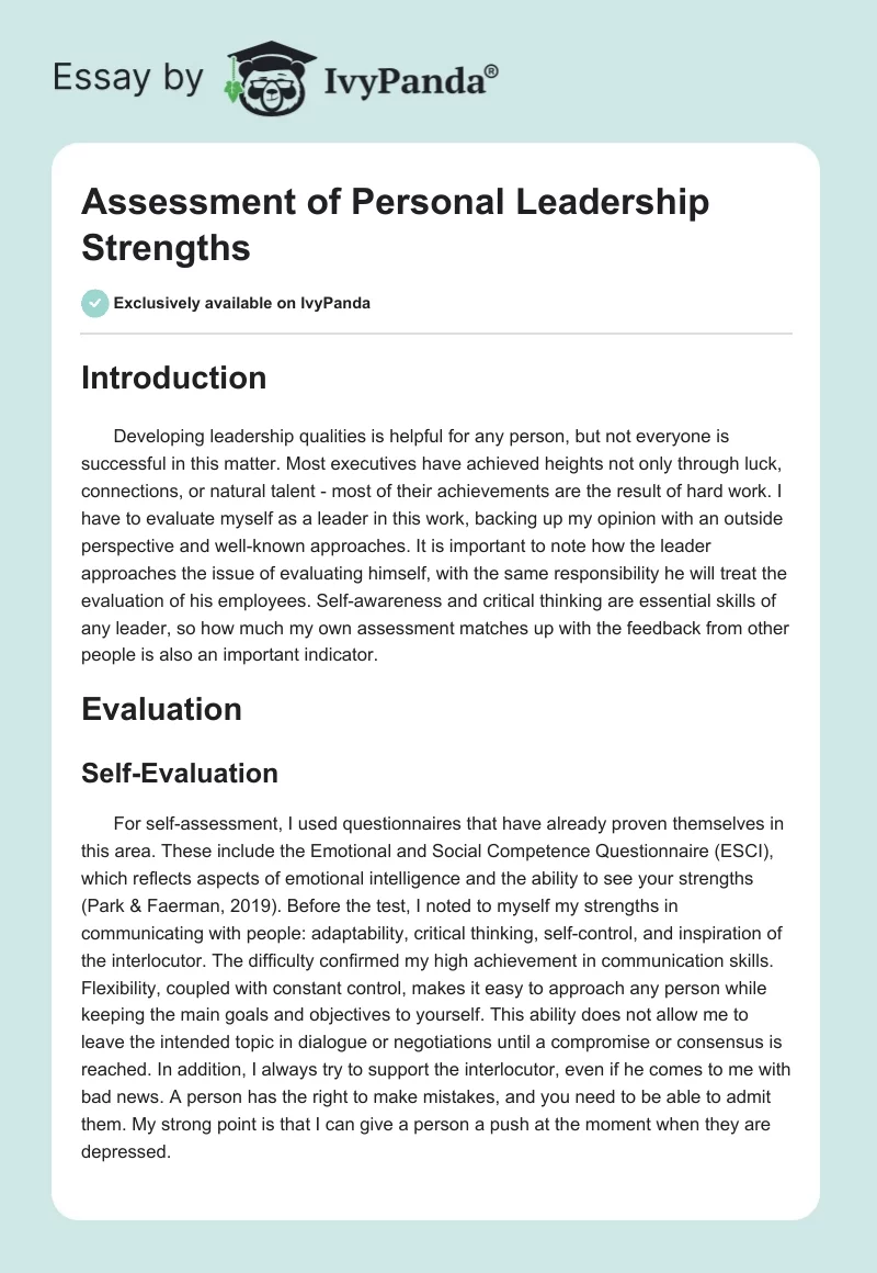 Assessment of Personal Leadership Strengths. Page 1