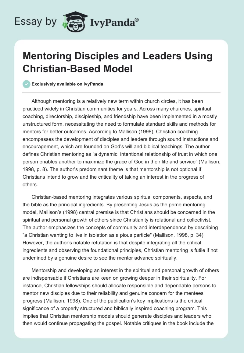 Mentoring Disciples and Leaders Using Christian-Based Model. Page 1
