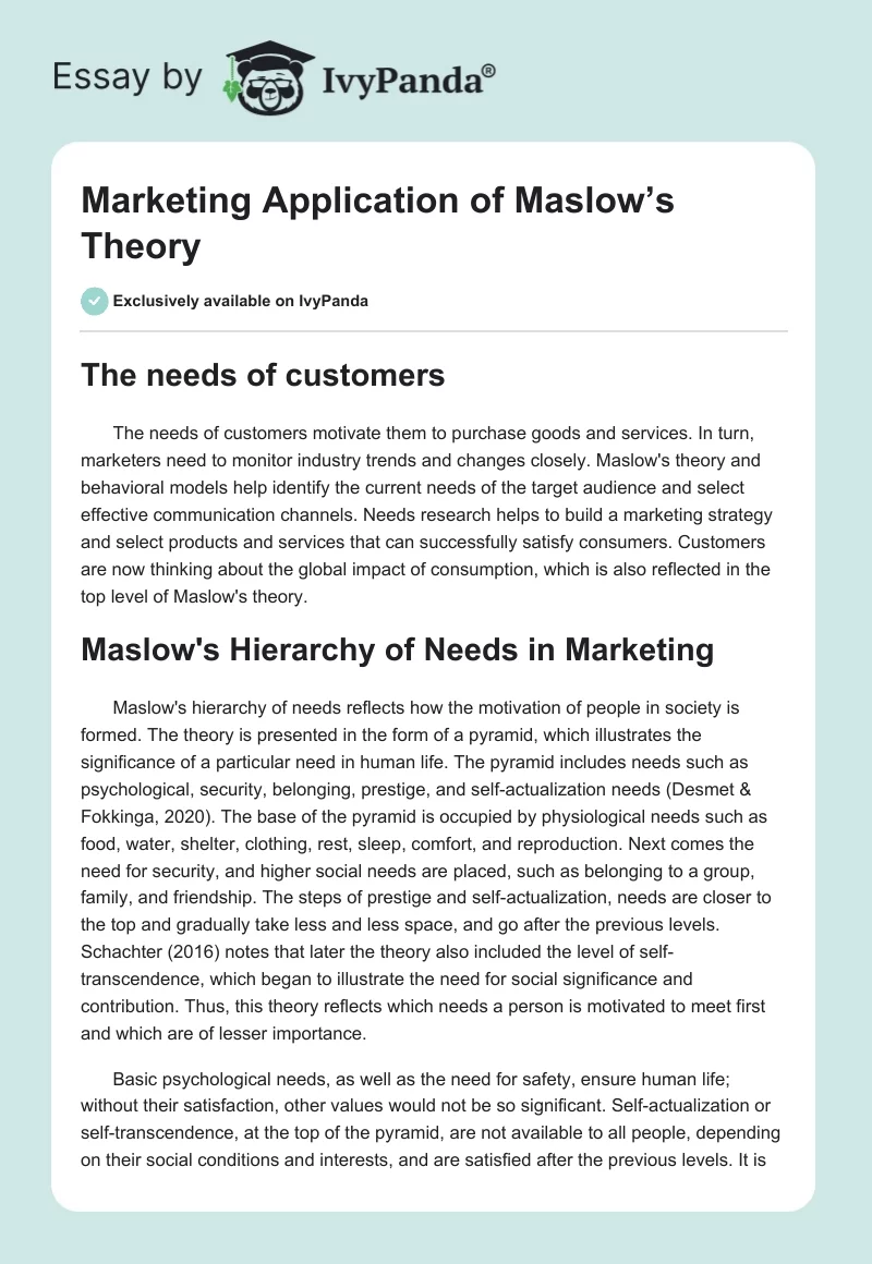 Marketing Application of Maslow’s Theory. Page 1