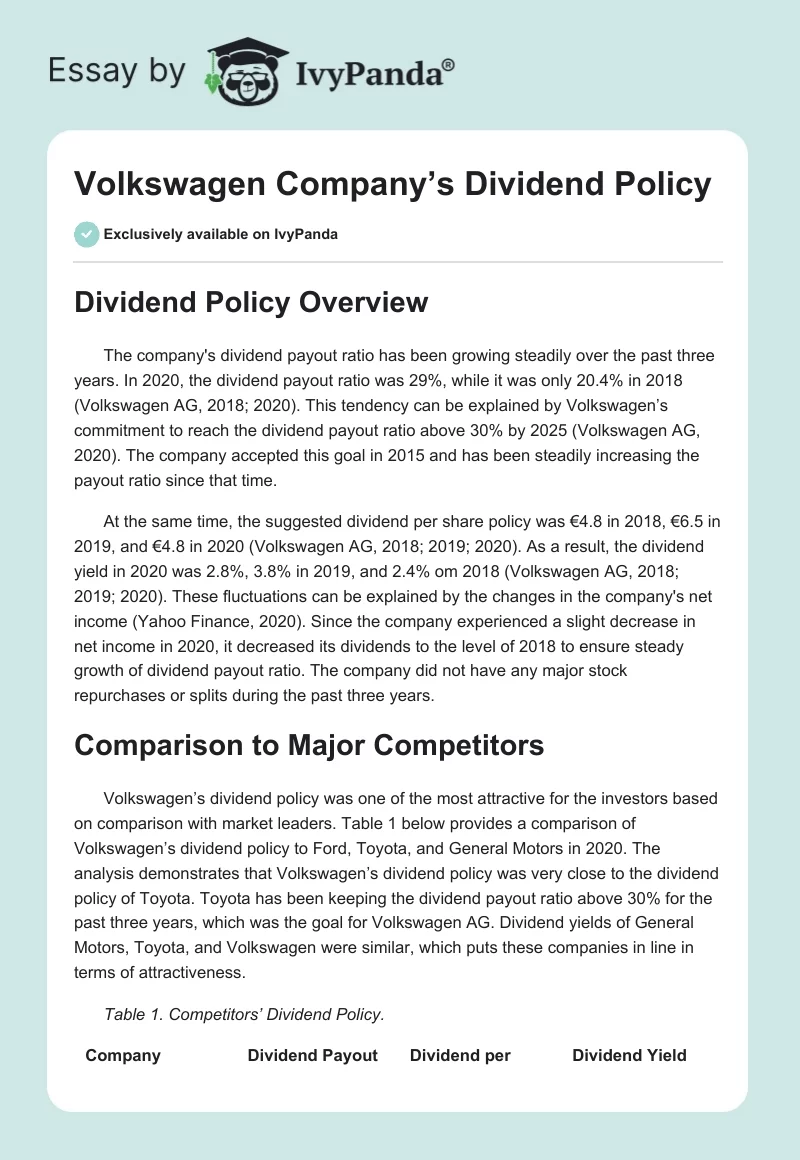 Volkswagen Company’s Dividend Policy. Page 1