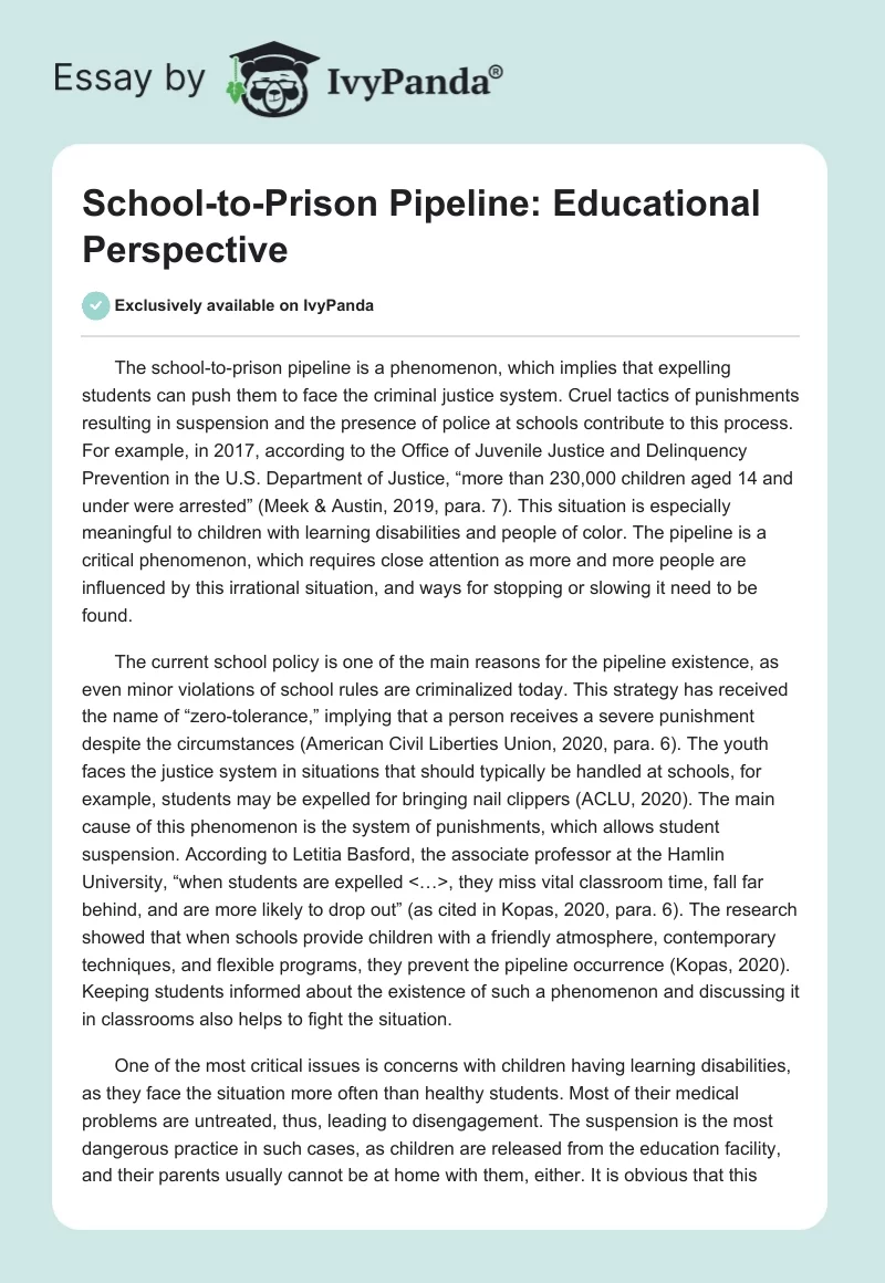 School-To-Prison Pipeline: Educational Perspective. Page 1