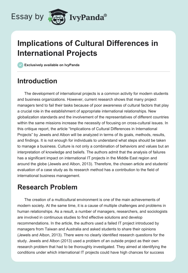 Implications of Cultural Differences in International Projects. Page 1