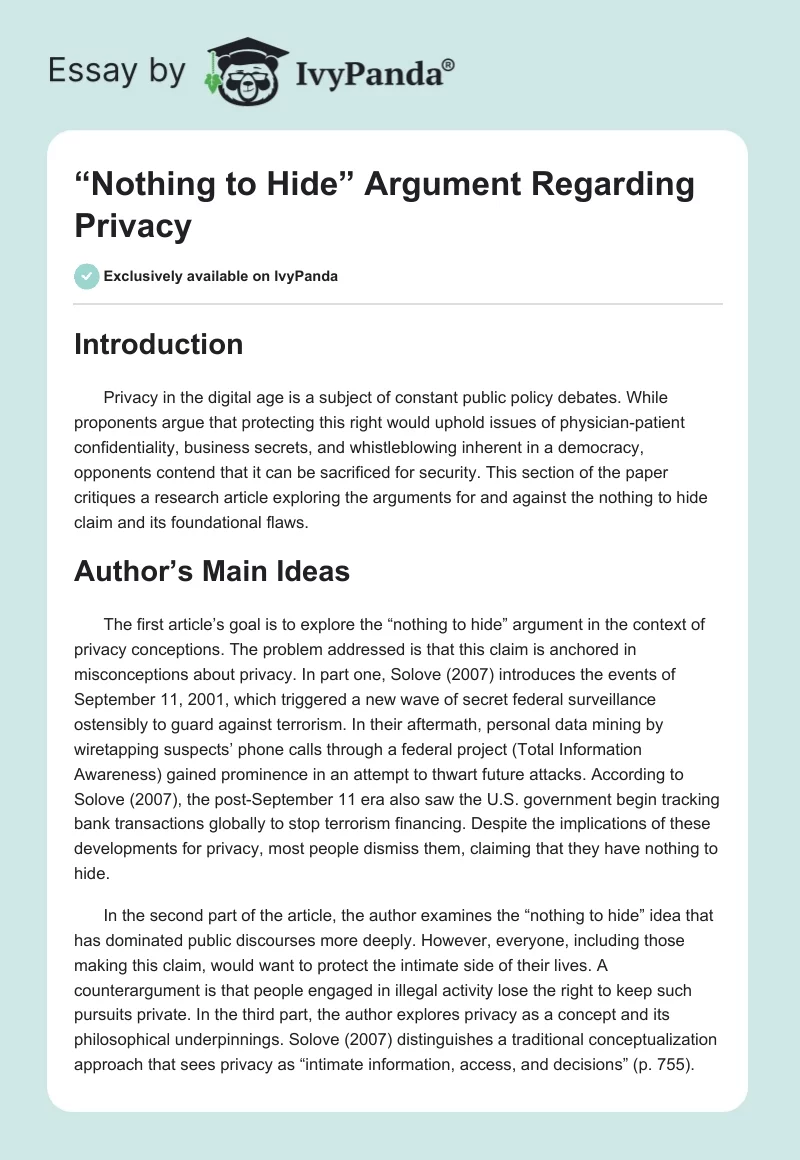 “Nothing to Hide” Argument Regarding Privacy. Page 1