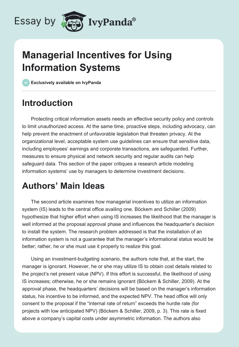 Managerial Incentives for Using Information Systems. Page 1