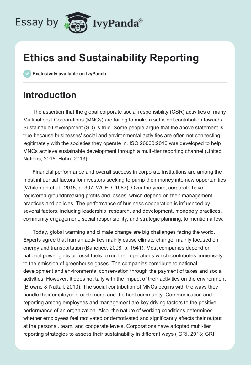 Ethics and Sustainability Reporting. Page 1