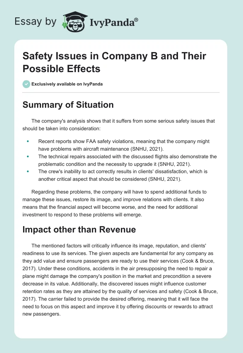 Safety Issues in Company B and Their Possible Effects. Page 1