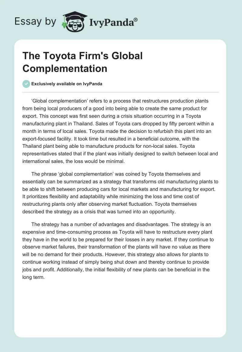 The Toyota Firm's Global Complementation. Page 1
