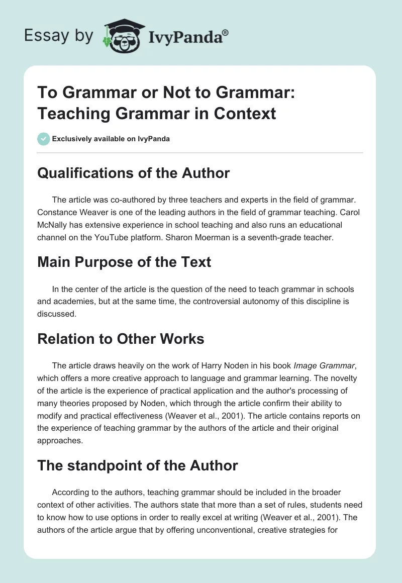 To Grammar or Not to Grammar: Teaching Grammar in Context. Page 1