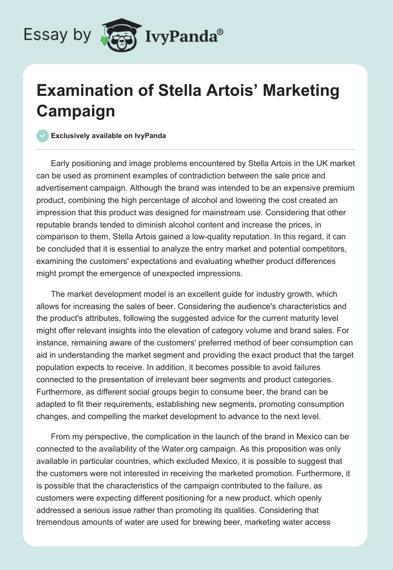 Examination of Stella Artois’ Marketing Campaign. Page 1