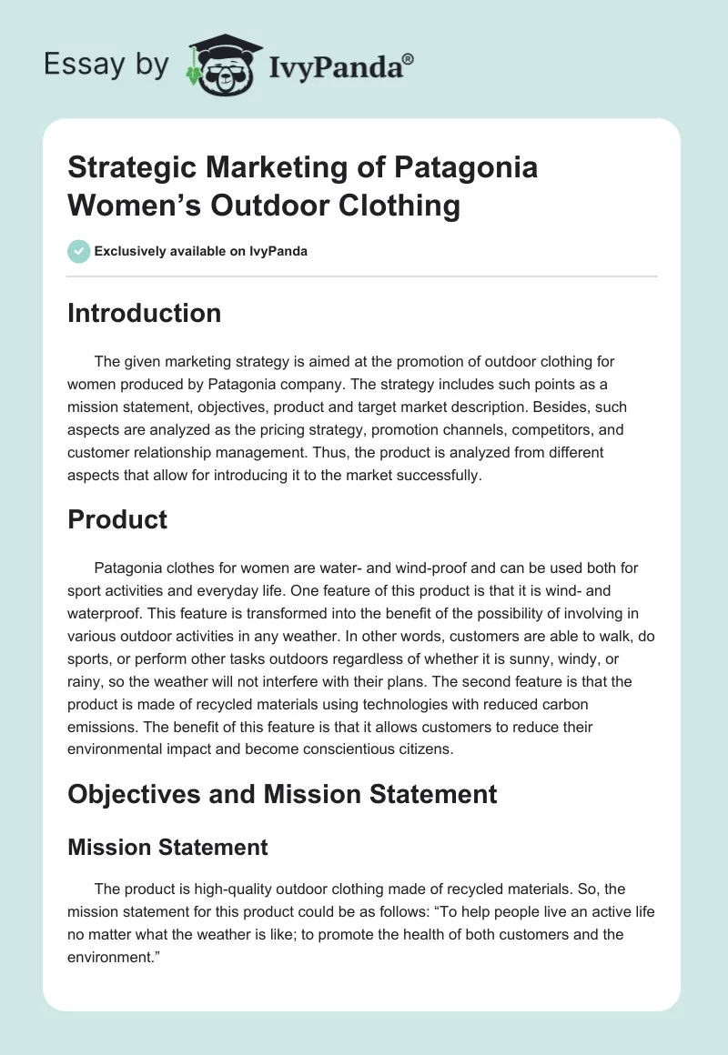 Strategic Marketing of Patagonia Women’s Outdoor Clothing. Page 1