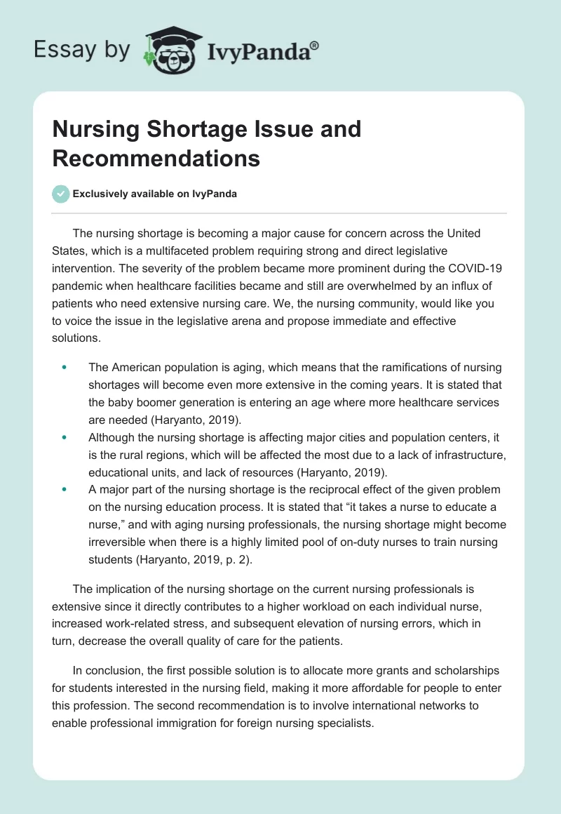 Nursing Shortage Issue and Recommendations. Page 1