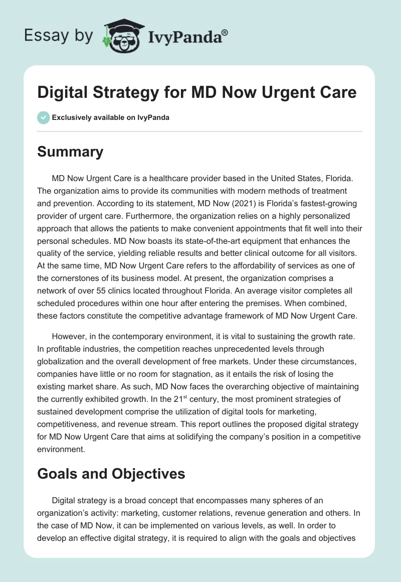 Digital Strategy for MD Now Urgent Care. Page 1