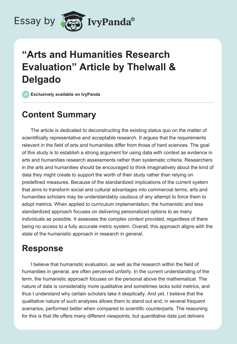 “Arts and Humanities Research Evaluation” Article by Thelwall & Delgado. Page 1