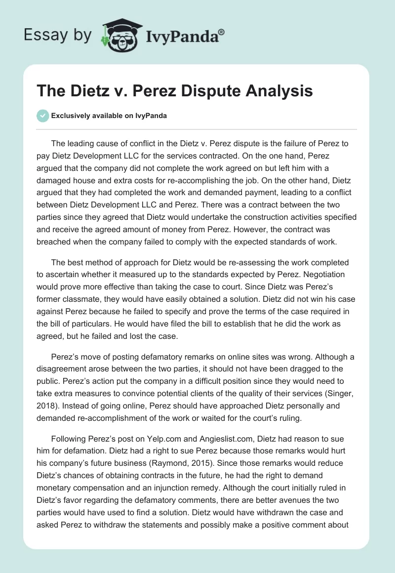 The Dietz v. Perez Dispute Analysis. Page 1