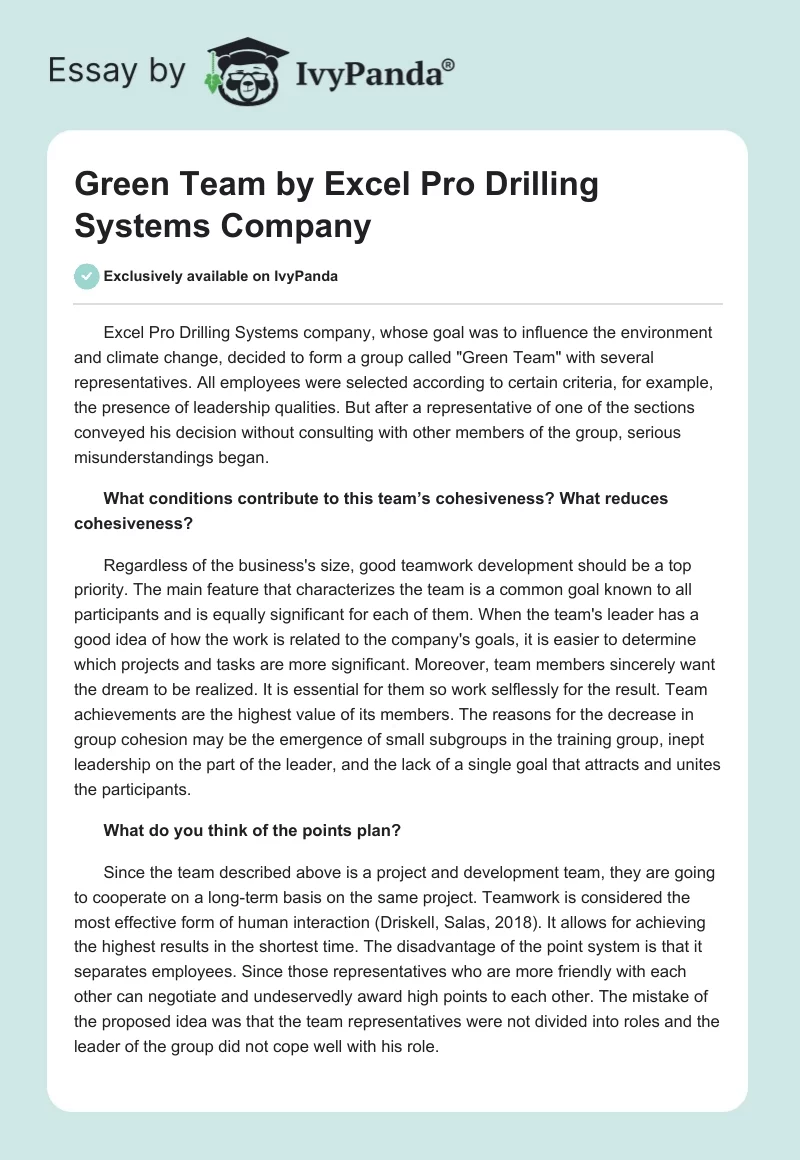 "Green Team" by Excel Pro Drilling Systems Company. Page 1
