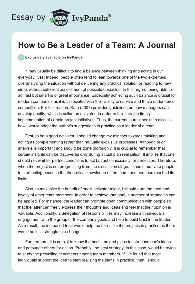How to Be a Leader of a Team: A Journal. Page 1