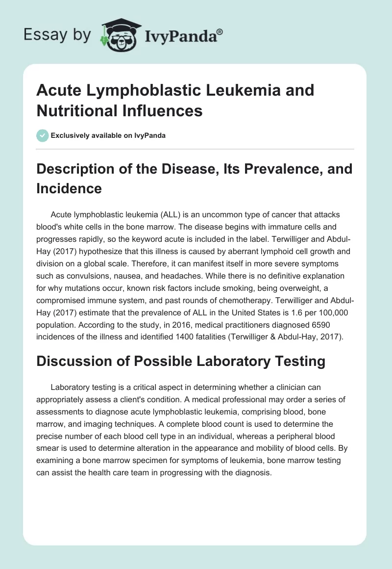 Acute Lymphoblastic Leukemia and Nutritional Influences. Page 1
