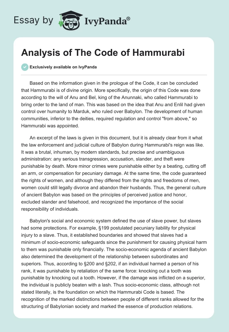 Analysis of The Code of Hammurabi. Page 1