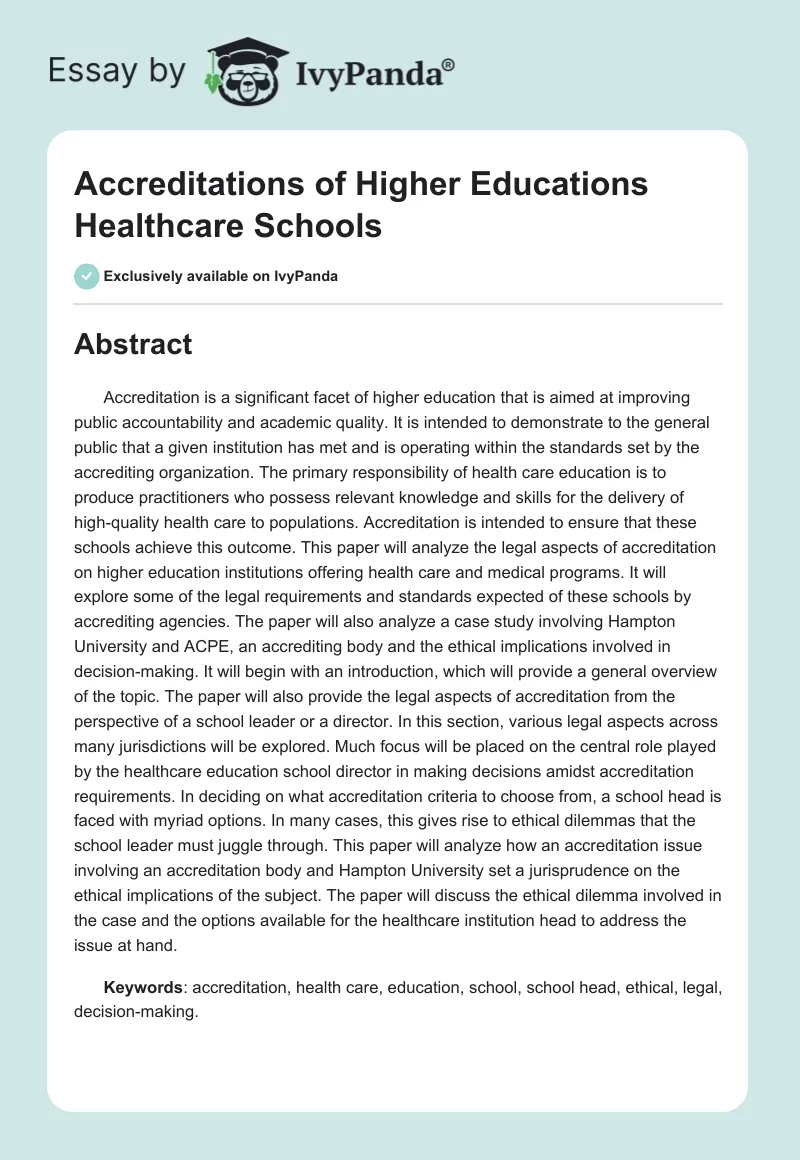 Accreditations of Higher Educations Healthcare Schools. Page 1