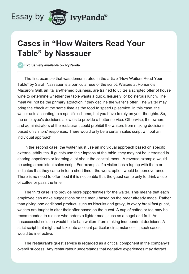 Cases in “How Waiters Read Your Table” by Nassauer. Page 1