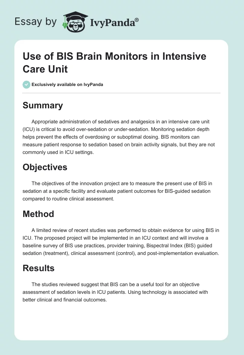 Use of BIS Brain Monitors in Intensive Care Unit. Page 1