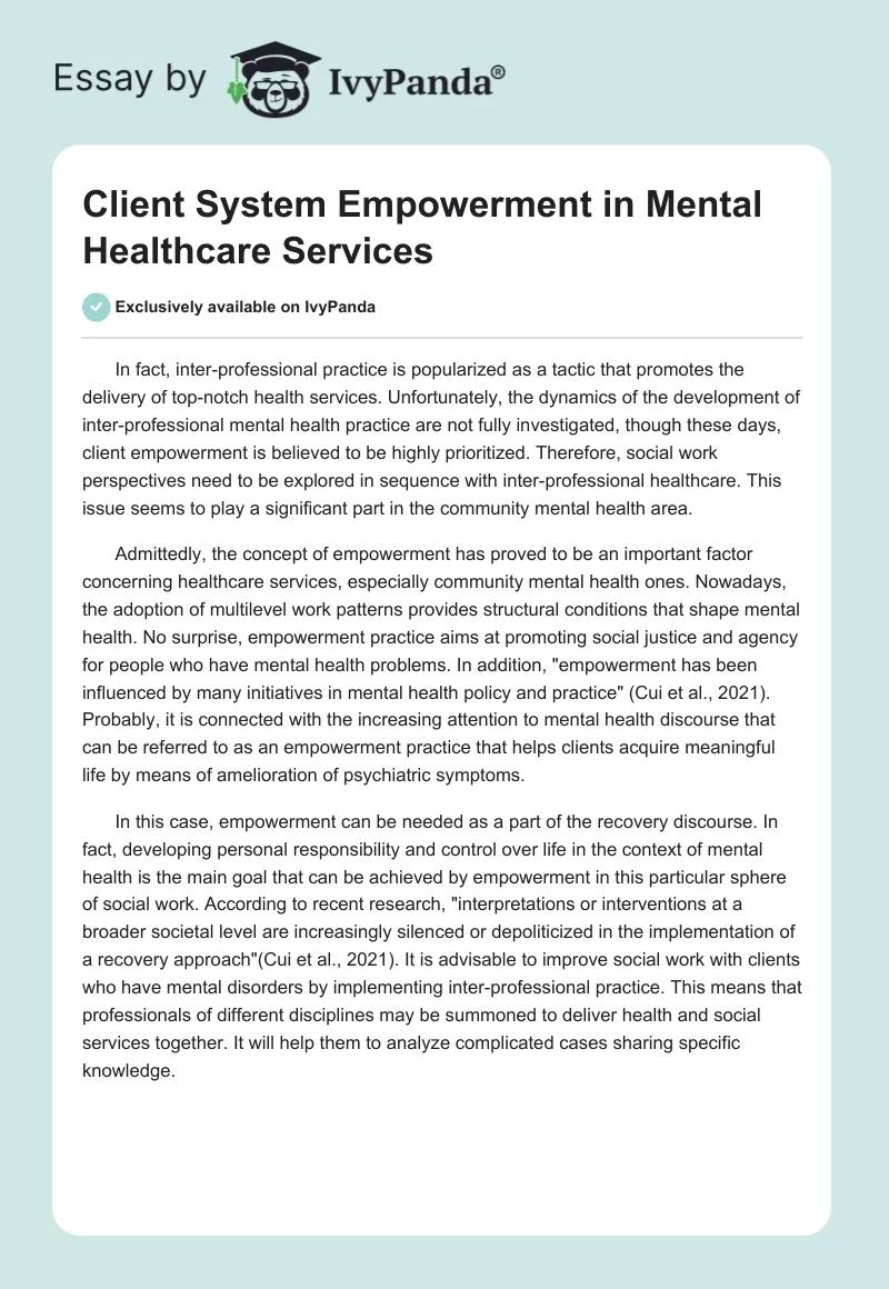 Client System Empowerment in Mental Healthcare Services. Page 1