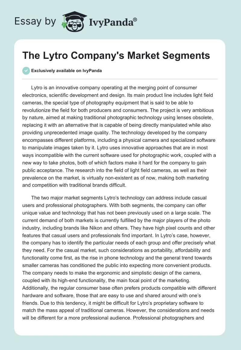 The Lytro Company's Market Segments. Page 1
