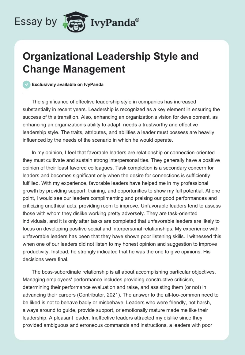 Organizational Leadership Style and Change Management. Page 1