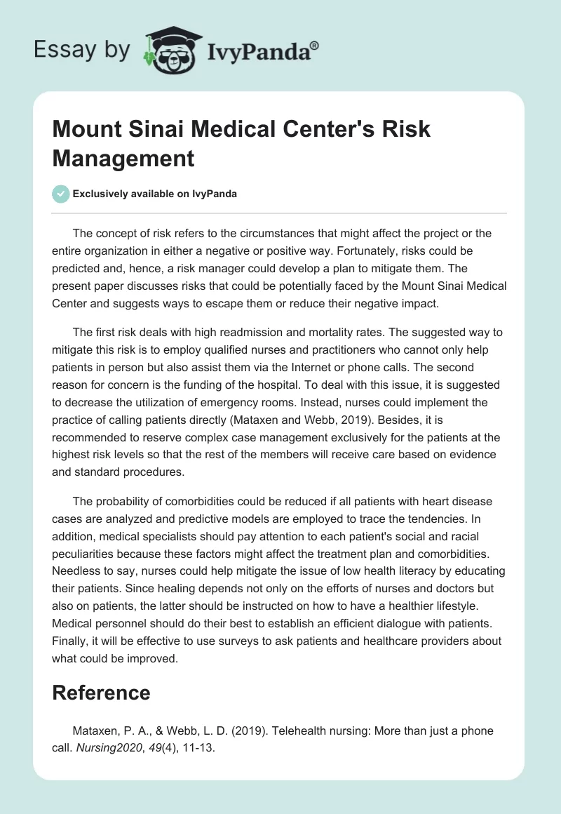 Mount Sinai Medical Center's Risk Management. Page 1