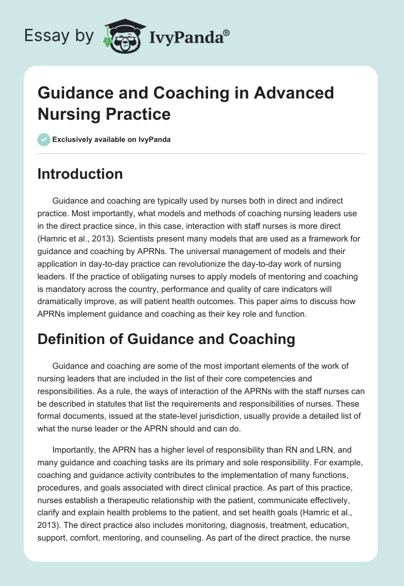 Guidance and Coaching in Advanced Nursing Practice. Page 1