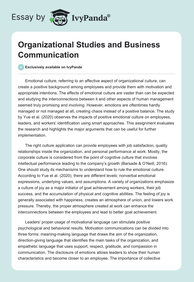 Organizational Studies and Business Communication. Page 1