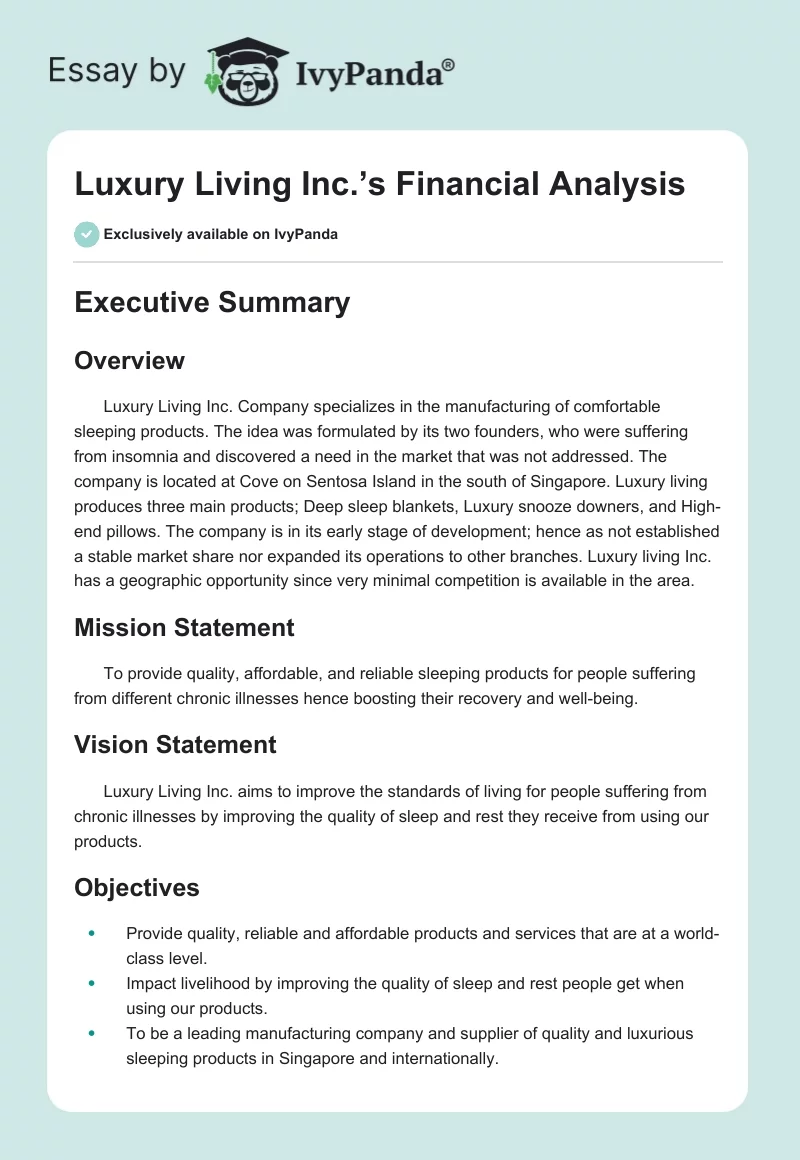 Luxury Living Inc.’s Financial Analysis. Page 1