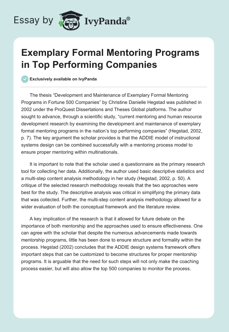 Exemplary Formal Mentoring Programs in Top Performing Companies. Page 1