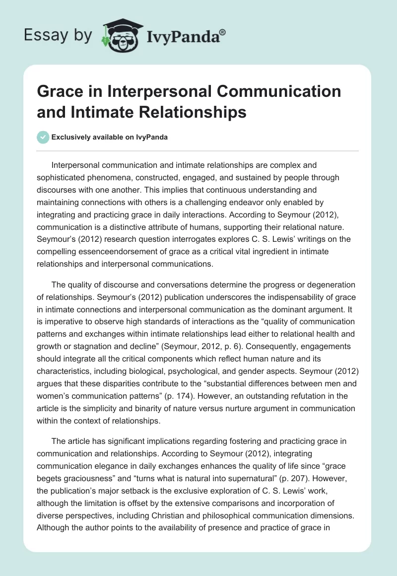 Grace in Interpersonal Communication and Intimate Relationships. Page 1