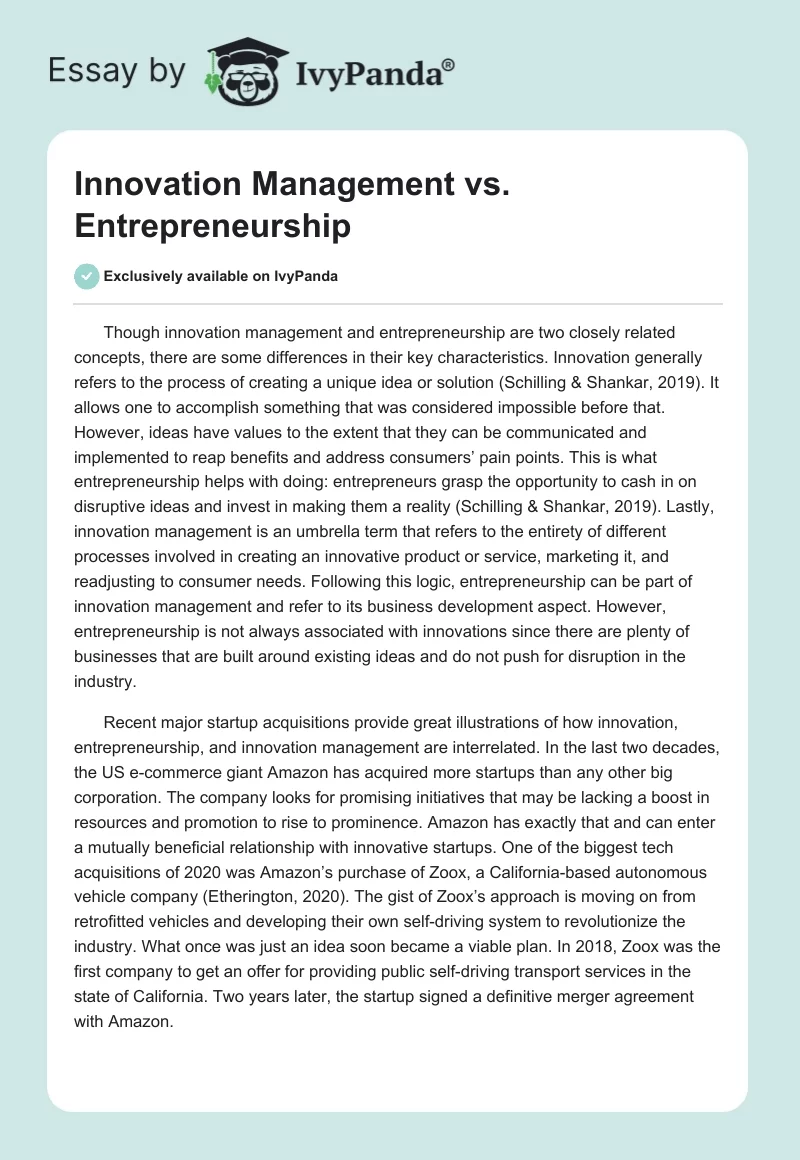 Innovation Management vs. Entrepreneurship. Page 1