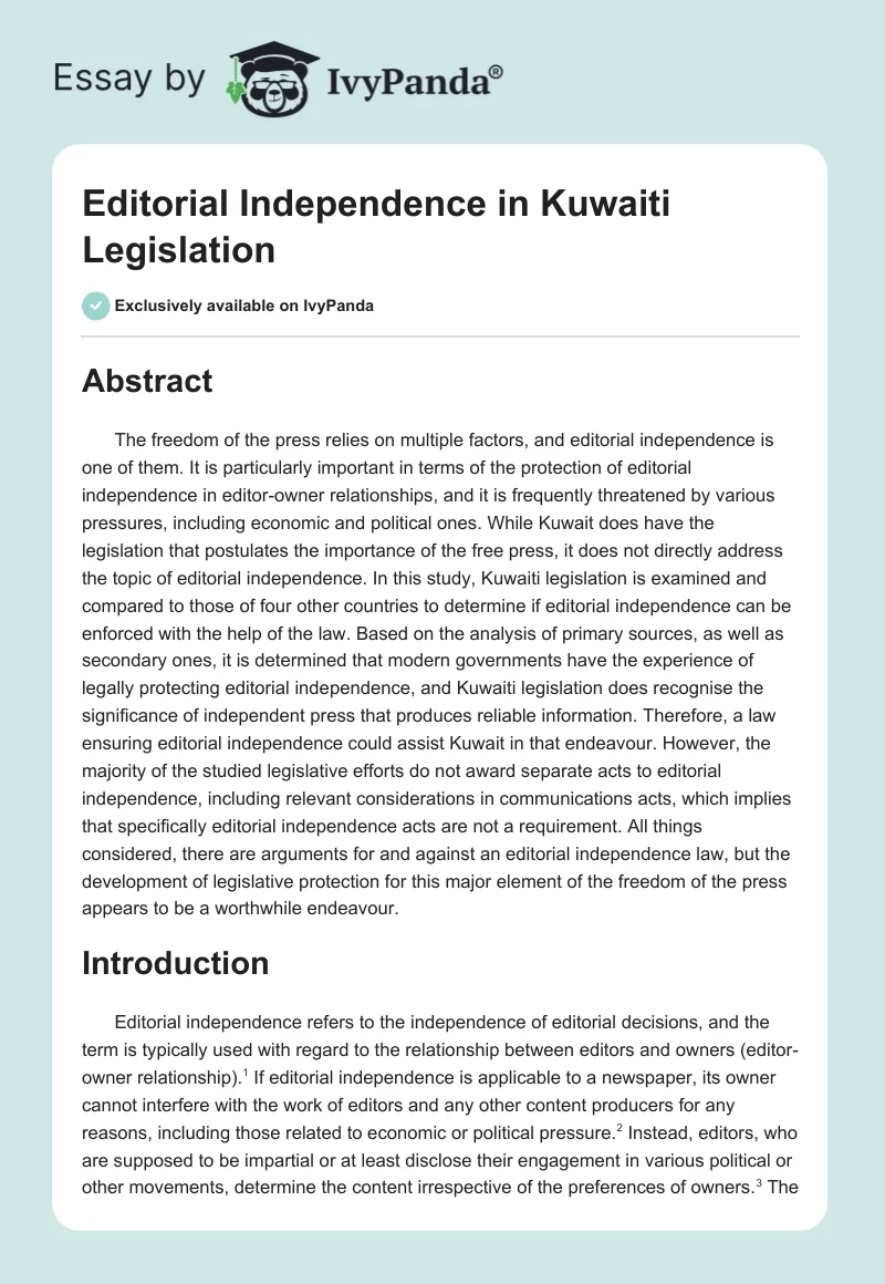 Editorial Independence in Kuwaiti Legislation. Page 1