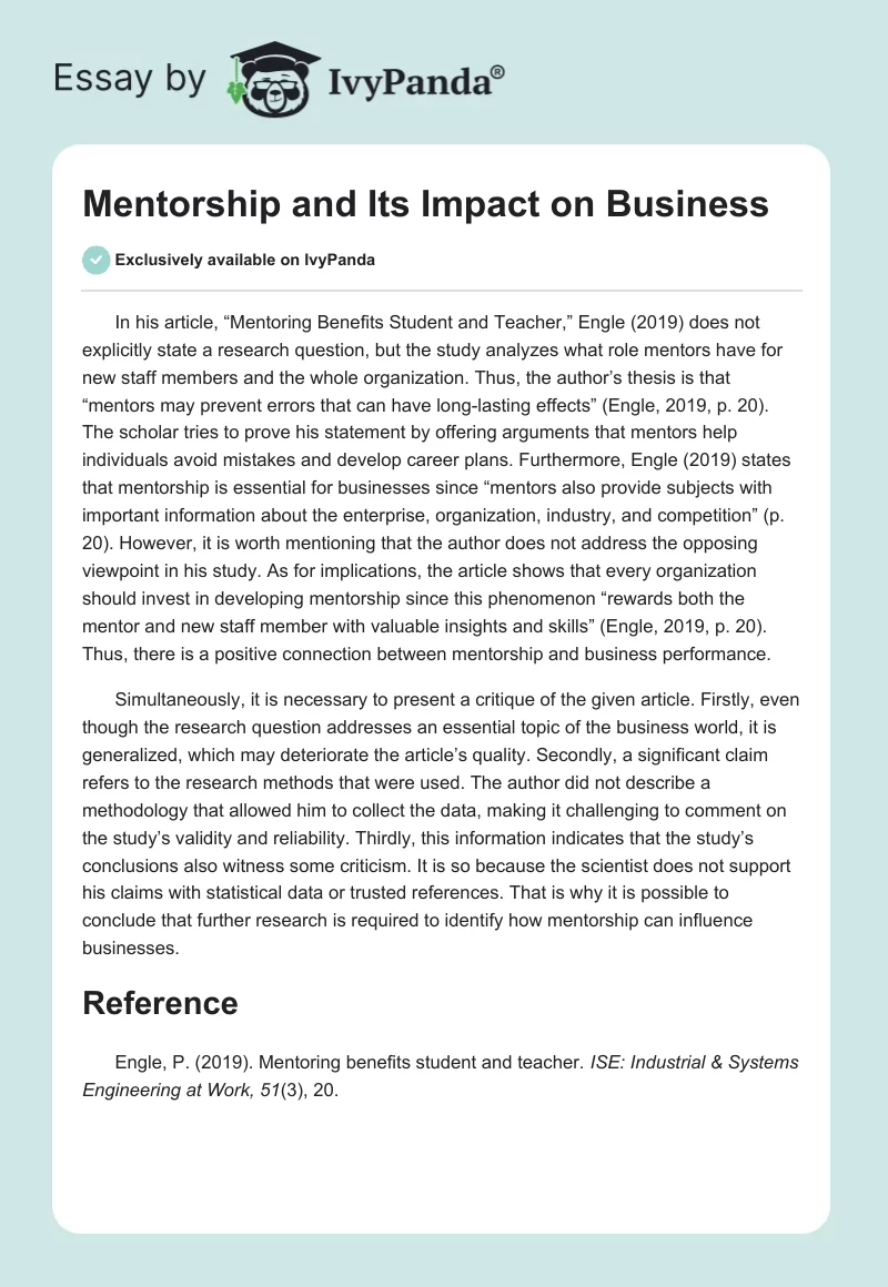 Mentorship and Its Impact on Business. Page 1