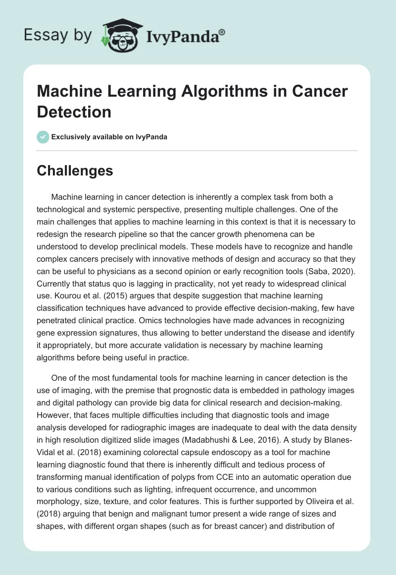 Machine Learning Algorithms in Cancer Detection. Page 1